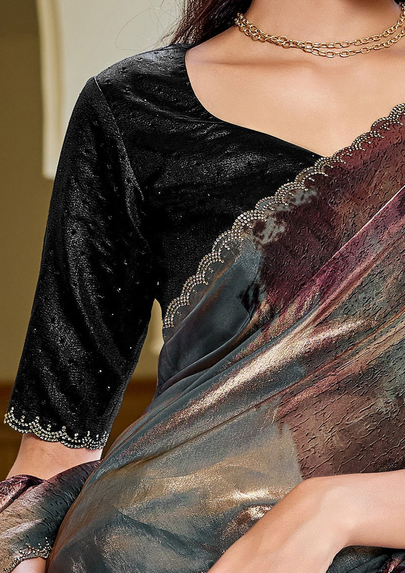 Nayoora Slate Grey Mauve Abstract Satin Silk Swarovski Saree