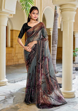 Nayoora Slate Grey Mauve Abstract Satin Silk Swarovski Saree