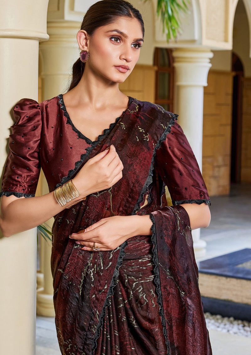 Nayoora Burgundy Noir Abstract Foil Satin Silk Cutdana Saree