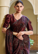 Nayoora Burgundy Noir Abstract Foil Satin Silk Cutdana Saree