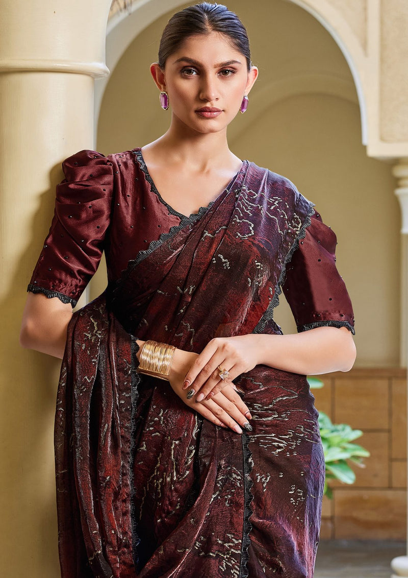 Nayoora Burgundy Noir Abstract Foil Satin Silk Cutdana Saree