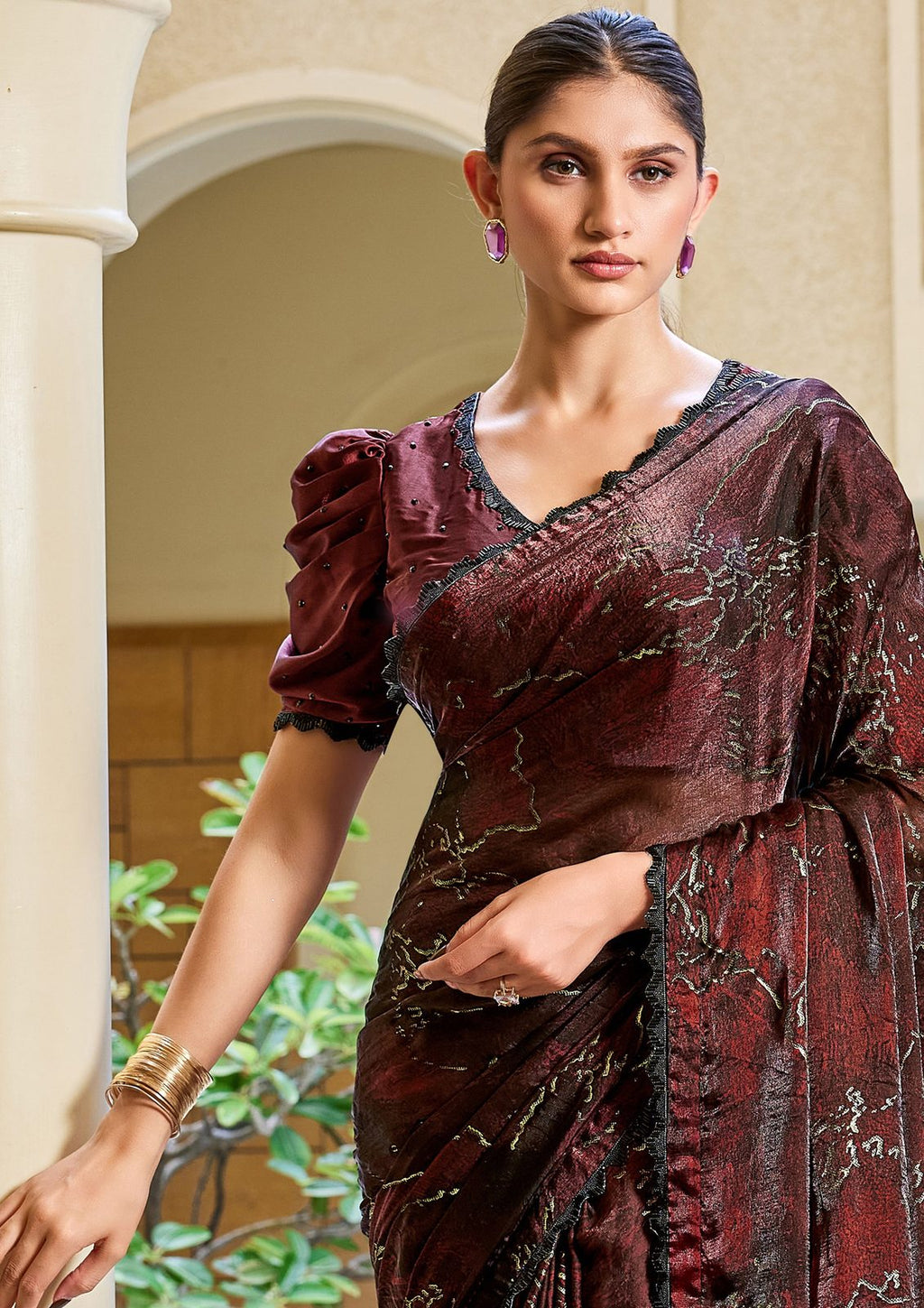 Nayoora Burgundy Noir Abstract Foil Satin Silk Cutdana Saree