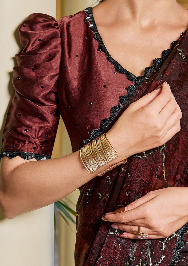 Nayoora Burgundy Noir Abstract Foil Satin Silk Cutdana Saree