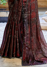 Nayoora Burgundy Noir Abstract Foil Satin Silk Cutdana Saree