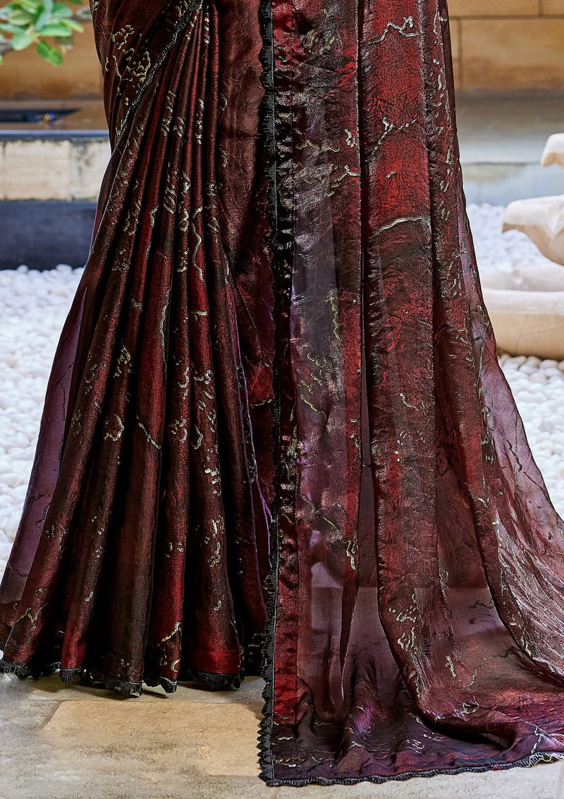 Nayoora Burgundy Noir Abstract Foil Satin Silk Cutdana Saree