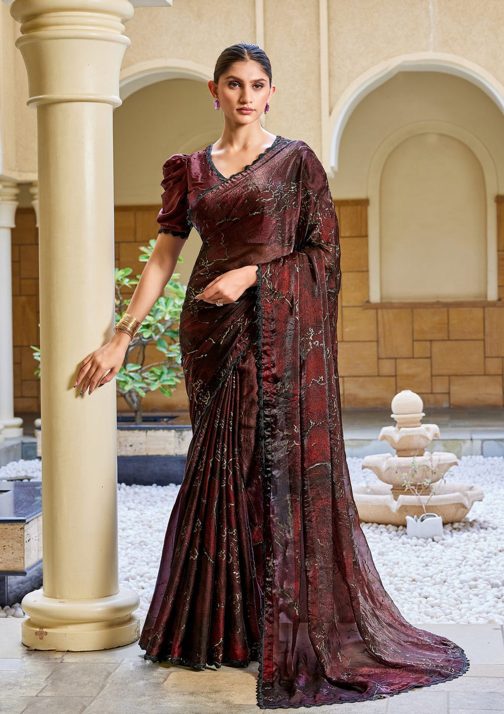 Nayoora Burgundy Noir Abstract Foil Satin Silk Cutdana Saree
