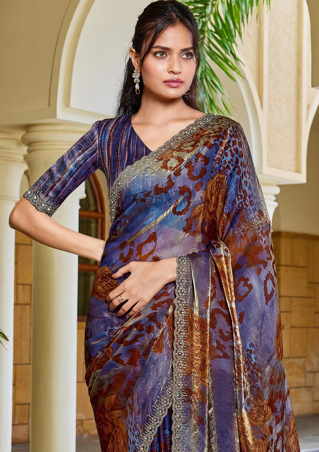 Nayoora Sapphire Copper Panther Print Two-Tone Satin Silk Saree