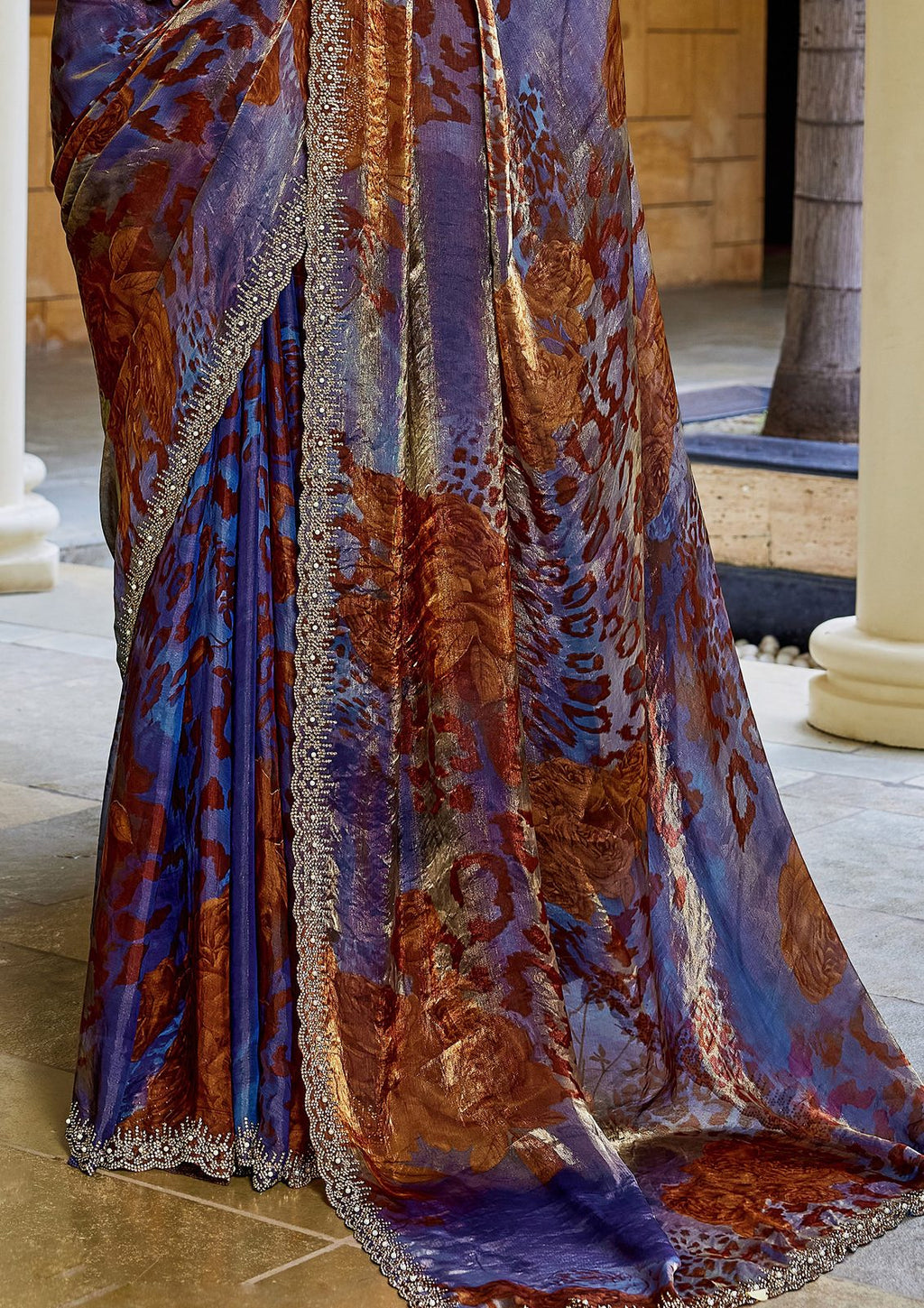 Nayoora Sapphire Copper Panther Print Two-Tone Satin Silk Saree