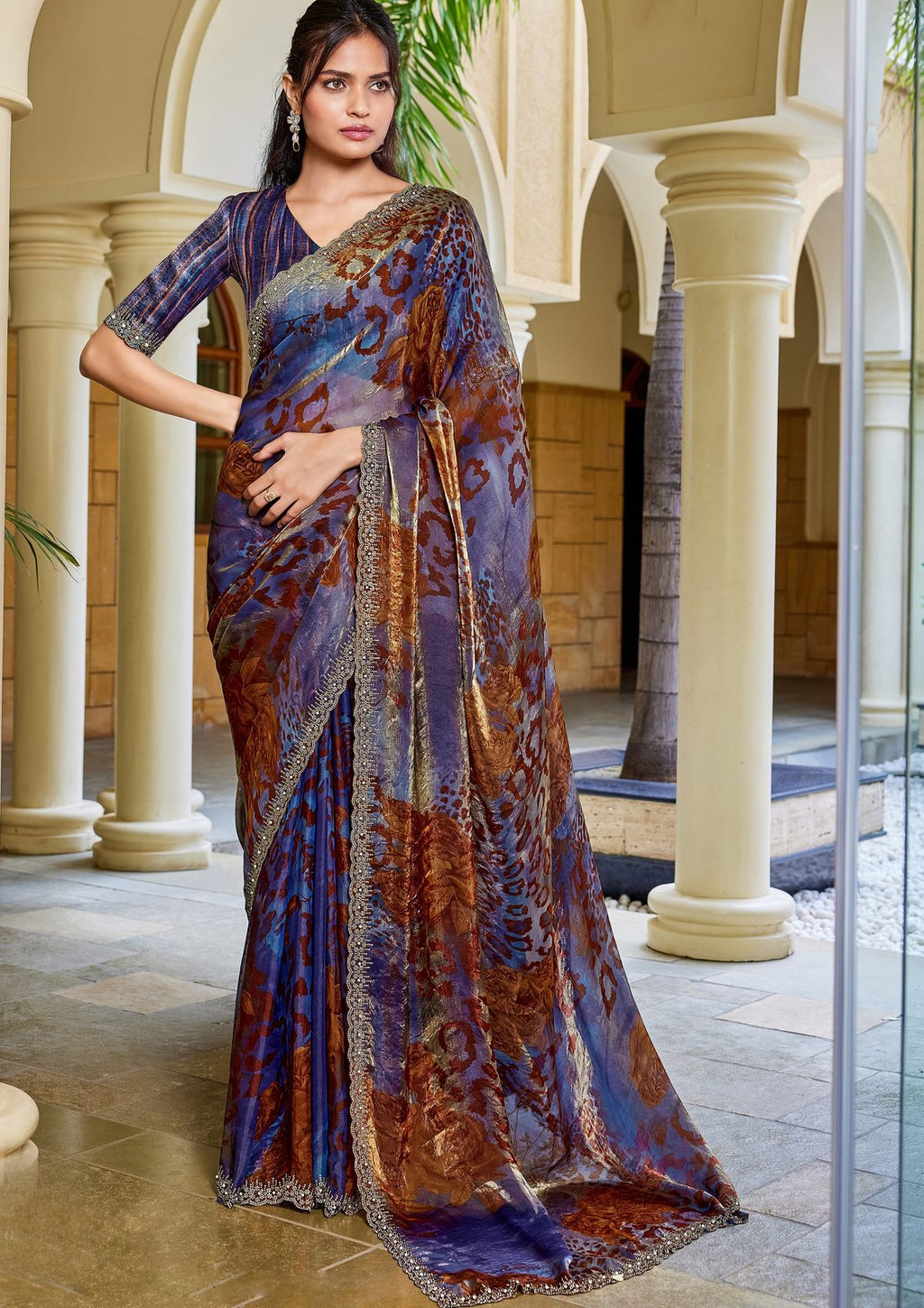 Nayoora Sapphire Copper Panther Print Two-Tone Satin Silk Saree