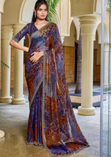 Nayoora Sapphire Copper Panther Print Two-Tone Satin Silk Saree