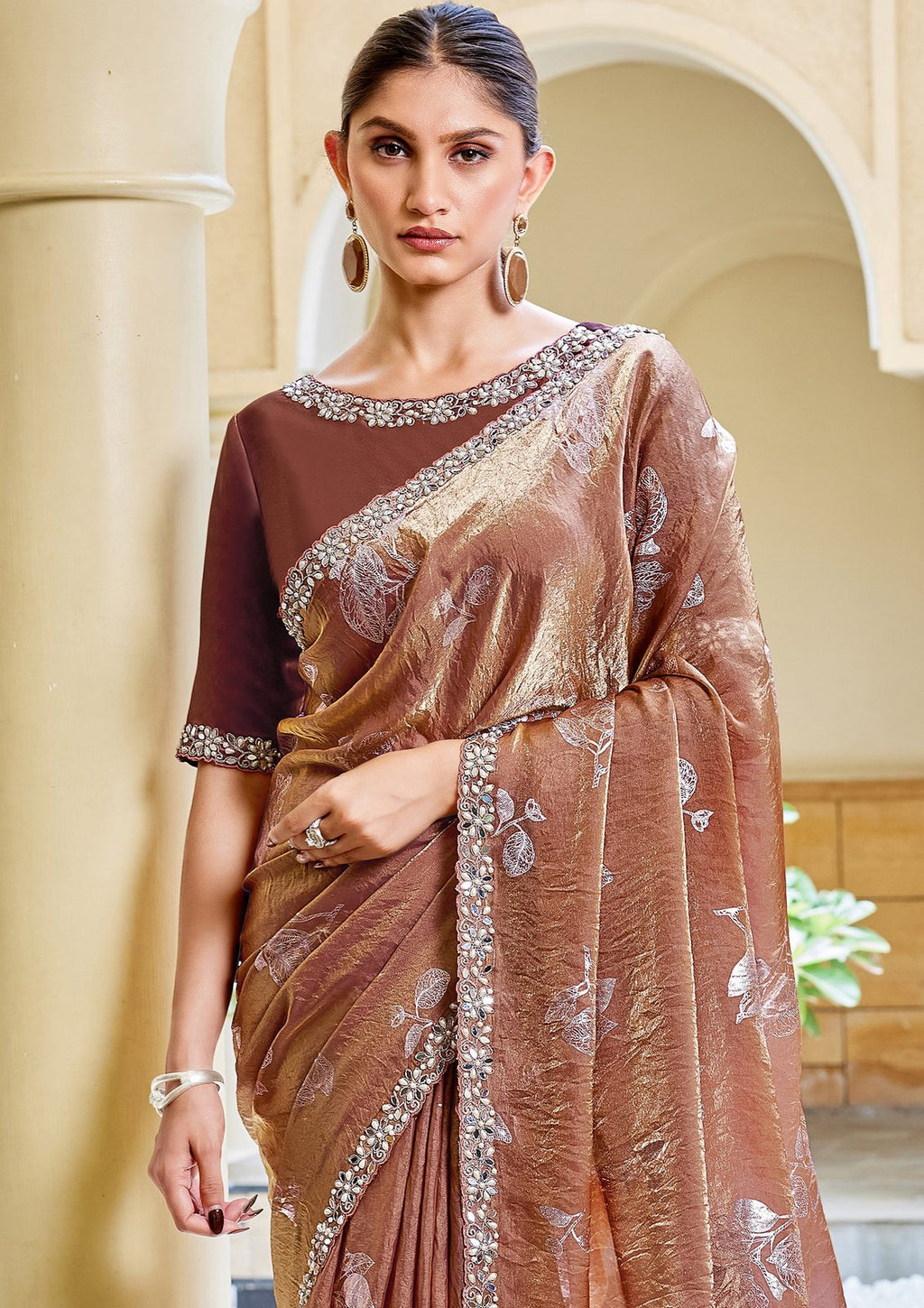 Nayoora Rosewood Blush Traditional Foil Two-Tone Satin Silk Saree