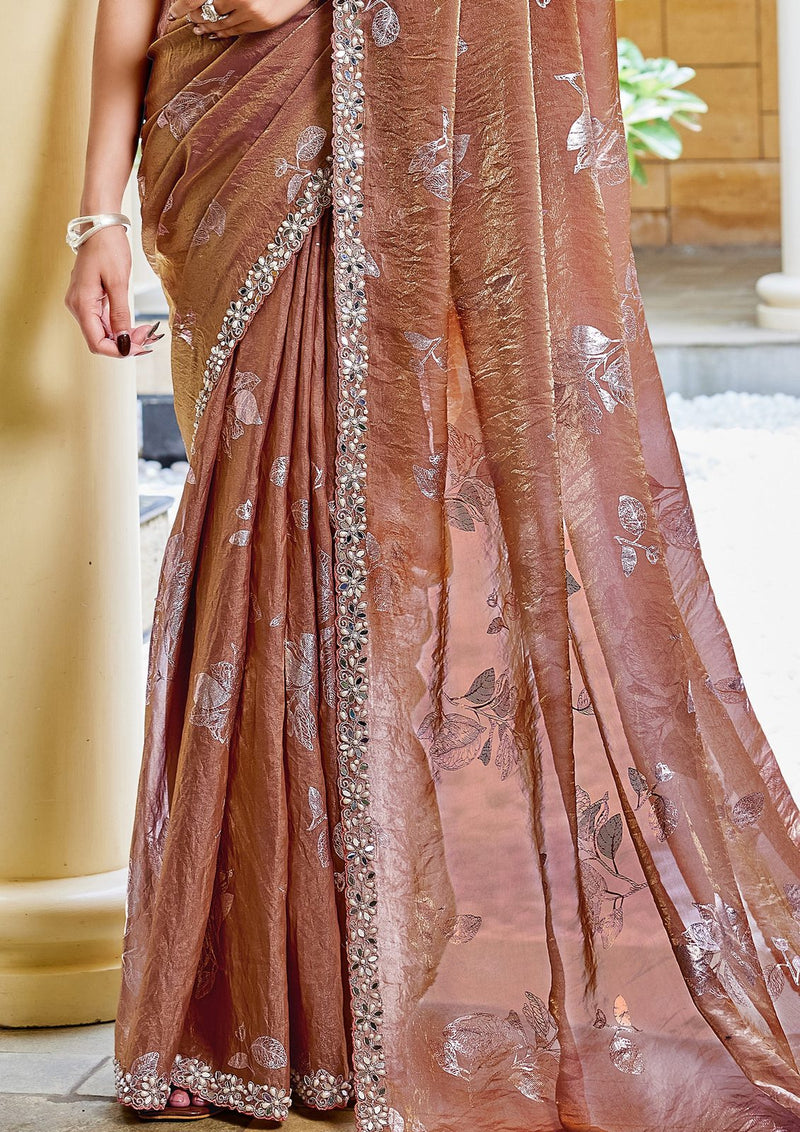 Nayoora Rosewood Blush Traditional Foil Two-Tone Satin Silk Saree
