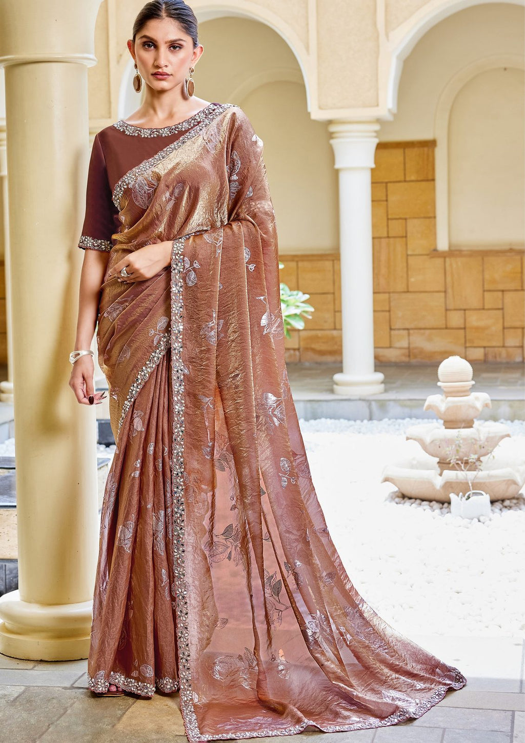 Nayoora Rosewood Blush Traditional Foil Two-Tone Satin Silk Saree