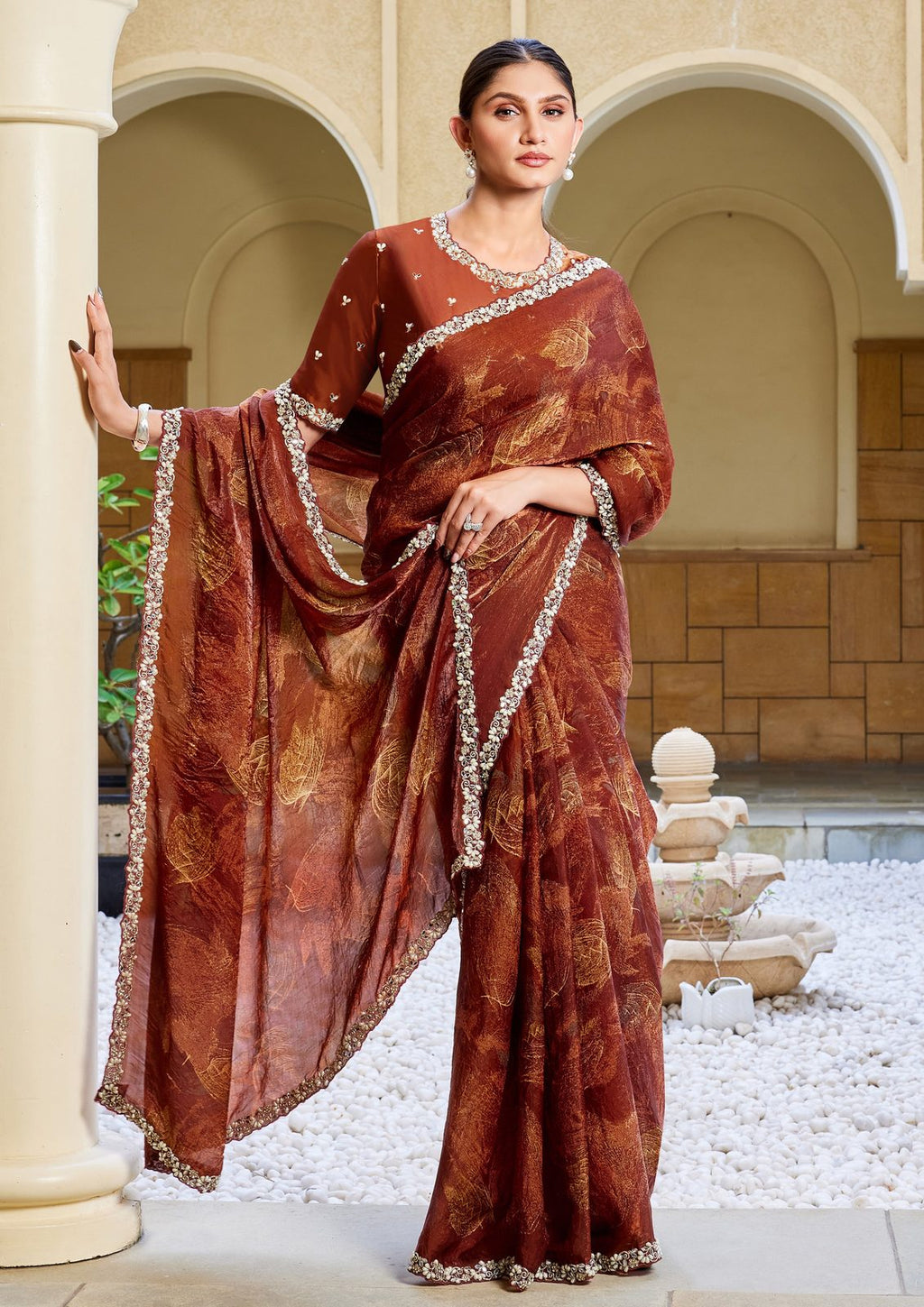 Nayoora Burnished Rust Maroon Foilwork Two-Tone Satin Silk Saree