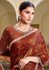 Nayoora Burnished Rust Maroon Foilwork Two-Tone Satin Silk Saree