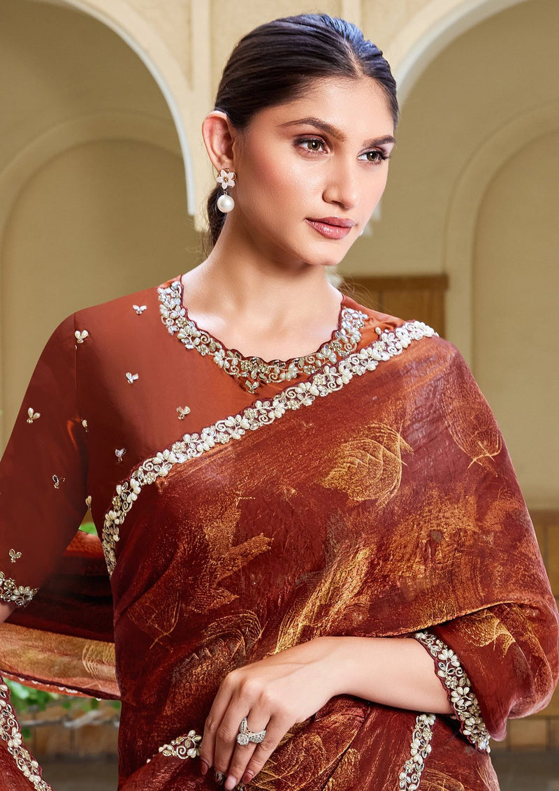 Nayoora Burnished Rust Maroon Foilwork Two-Tone Satin Silk Saree