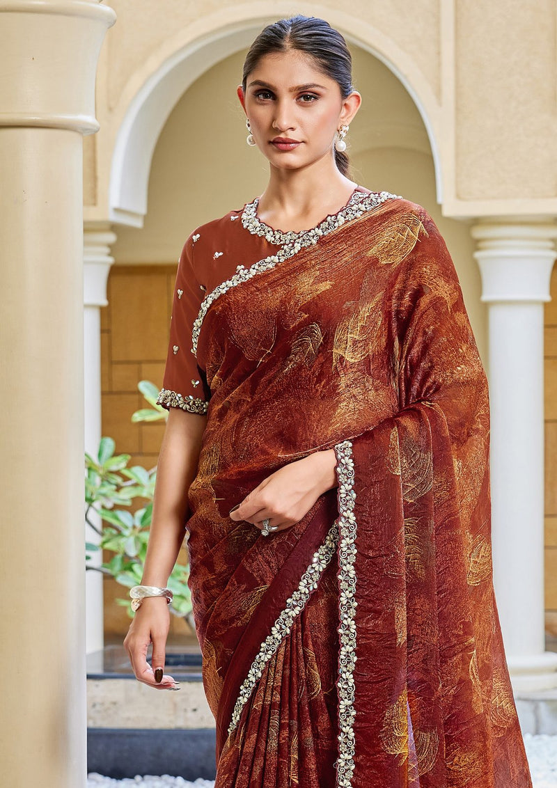 Nayoora Burnished Rust Maroon Foilwork Two-Tone Satin Silk Saree