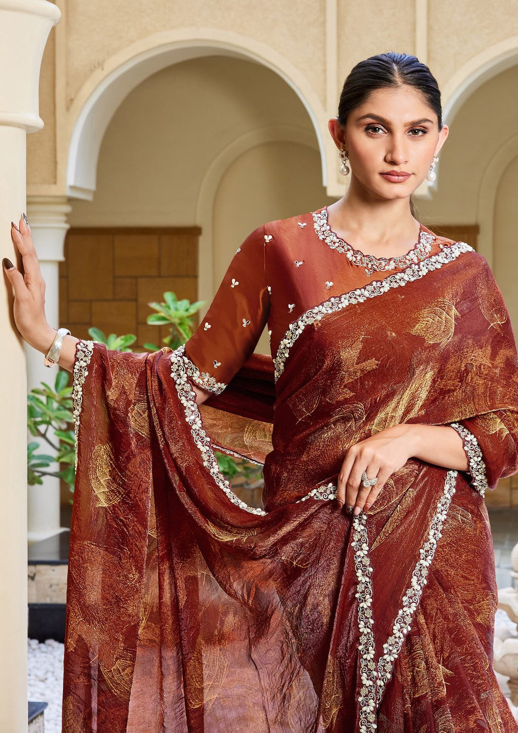 Nayoora Burnished Rust Maroon Foilwork Two-Tone Satin Silk Saree