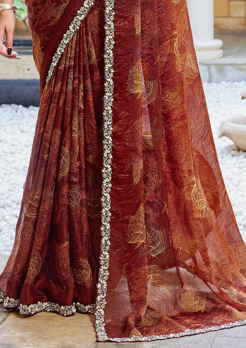 Nayoora Burnished Rust Maroon Foilwork Two-Tone Satin Silk Saree