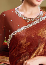 Nayoora Burnished Rust Maroon Foilwork Two-Tone Satin Silk Saree