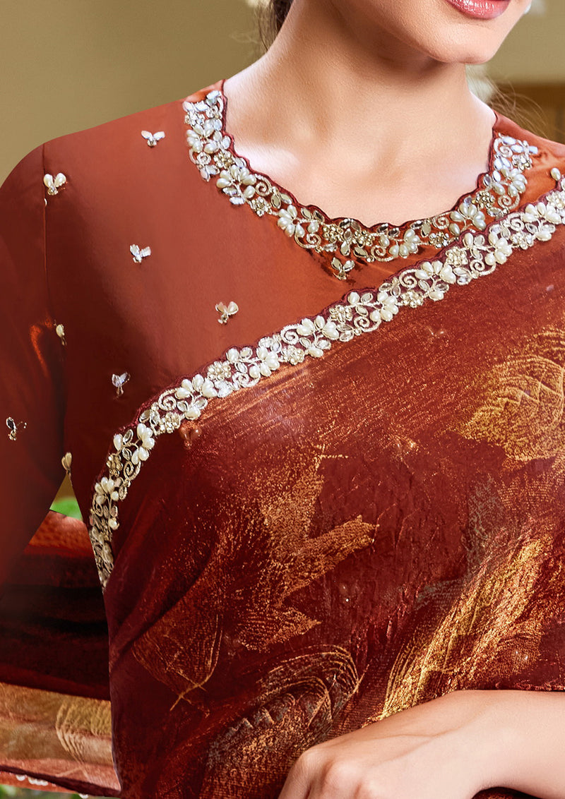 Nayoora Burnished Rust Maroon Foilwork Two-Tone Satin Silk Saree