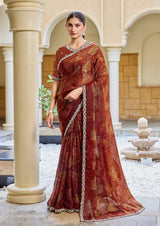 Nayoora Burnished Rust Maroon Foilwork Two-Tone Satin Silk Saree