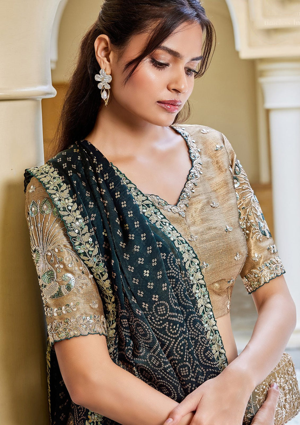 Nayoora Deep Teal & Antique Gold Bandhani Satin Silk Saree