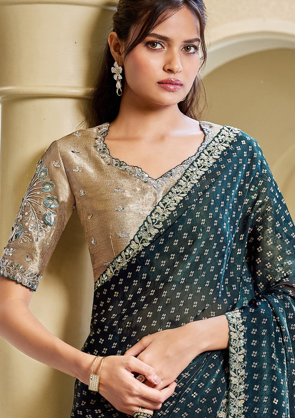 Nayoora Deep Teal & Antique Gold Bandhani Satin Silk Saree