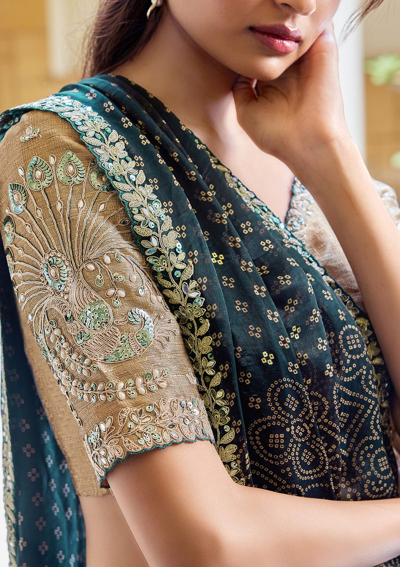 Nayoora Deep Teal & Antique Gold Bandhani Satin Silk Saree