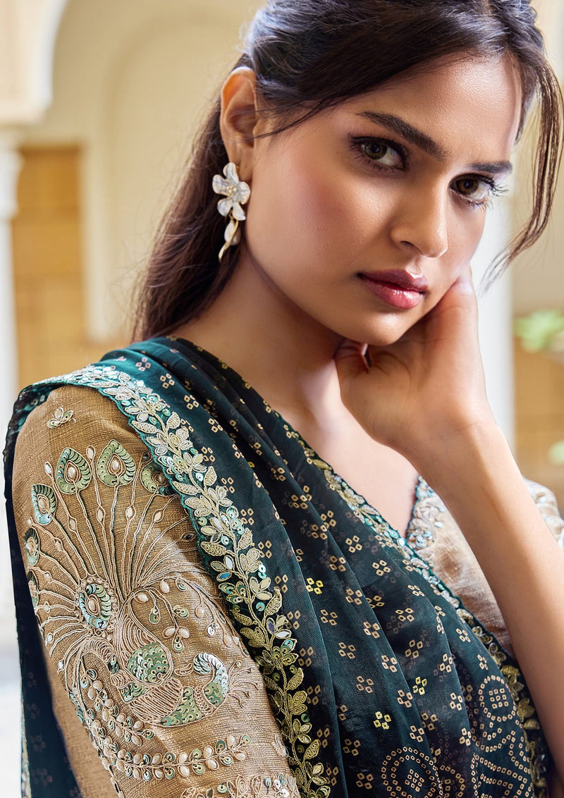 Nayoora Deep Teal & Antique Gold Bandhani Satin Silk Saree