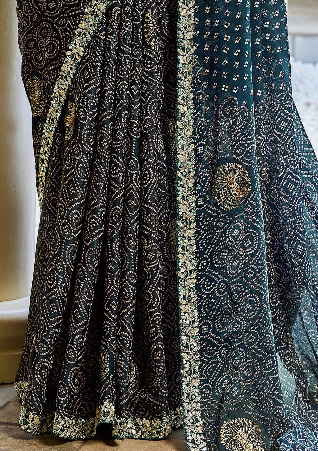 Nayoora Deep Teal & Antique Gold Bandhani Satin Silk Saree