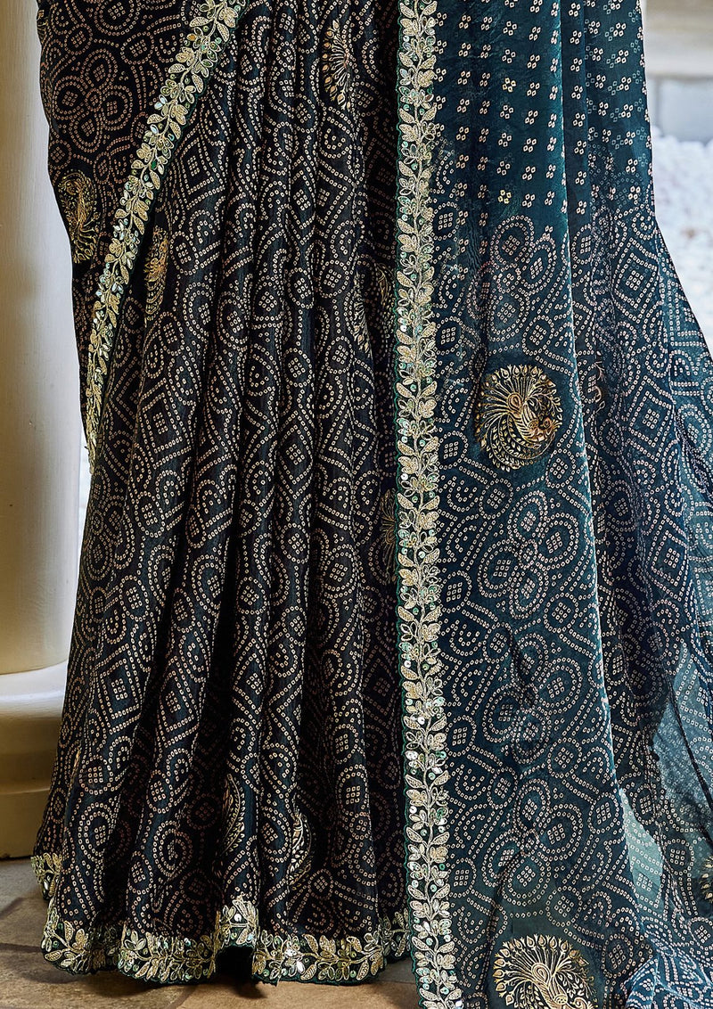 Nayoora Deep Teal & Antique Gold Bandhani Satin Silk Saree