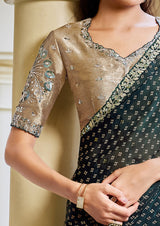 Nayoora Deep Teal & Antique Gold Bandhani Satin Silk Saree