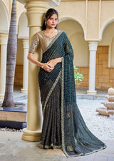 Nayoora Deep Teal & Antique Gold Bandhani Satin Silk Saree