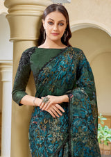 Nayoora Emerald Teal Floral Brasso Saree with Stone Handwork