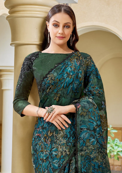 Nayoora Emerald Teal Floral Brasso Saree with Stone Handwork