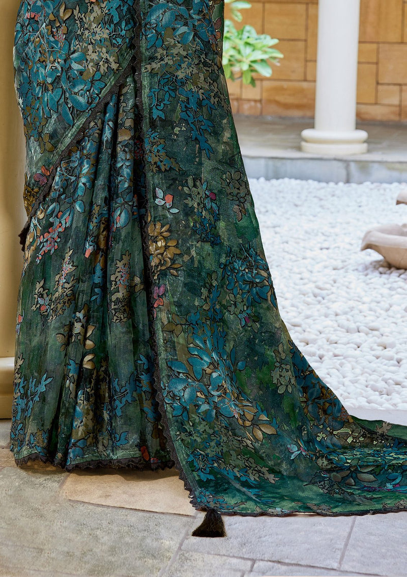 Nayoora Emerald Teal Floral Brasso Saree with Stone Handwork