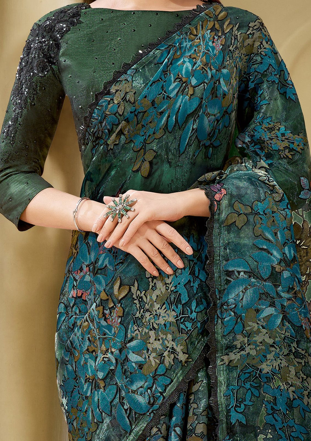 Nayoora Emerald Teal Floral Brasso Saree with Stone Handwork