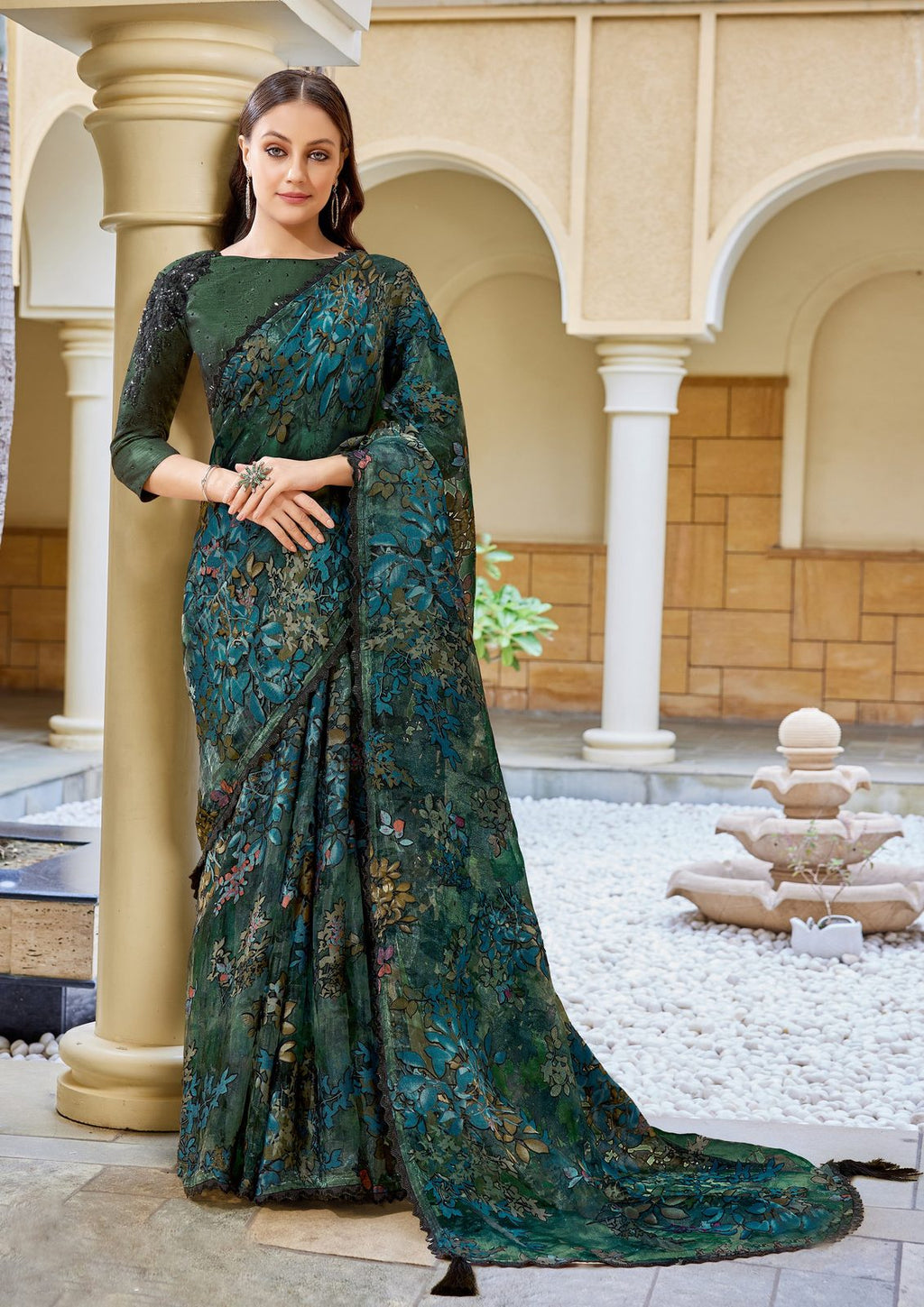 Nayoora Emerald Teal Floral Brasso Saree with Stone Handwork
