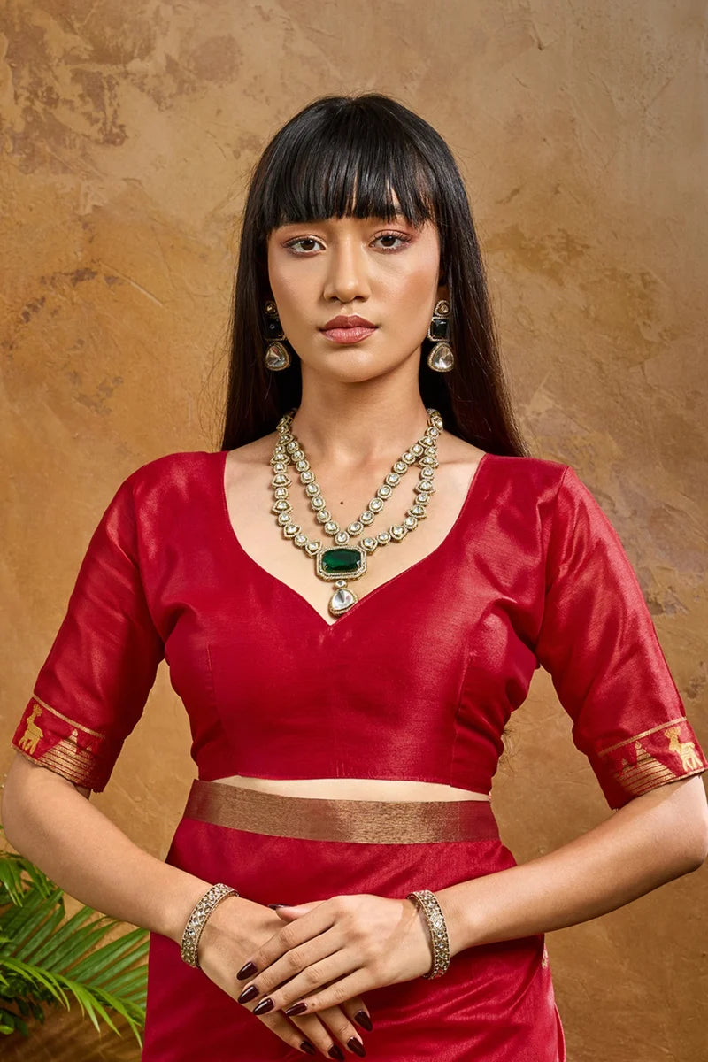 Nayoora Red Tussar Silk Handloom Saree with Traditional Woven Border
