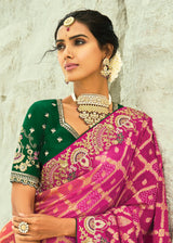 Nayoora Rani Pink & Sunshine Yellow Georgette Woven Saree with Emerald Green Embroidered Blouse