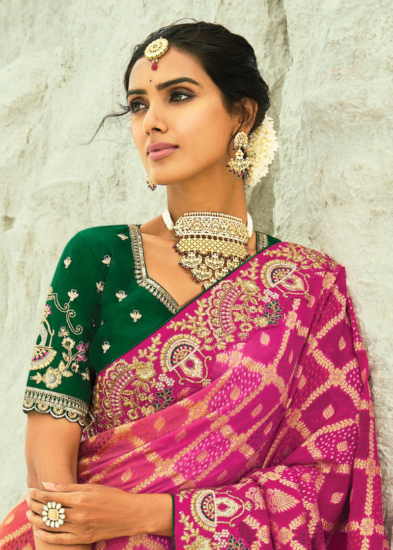 Nayoora Rani Pink & Sunshine Yellow Georgette Woven Saree with Emerald Green Embroidered Blouse