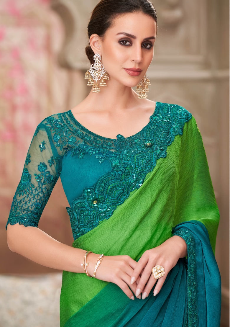 Nayoora Parrot Green & Teal Ombré Silk Saree