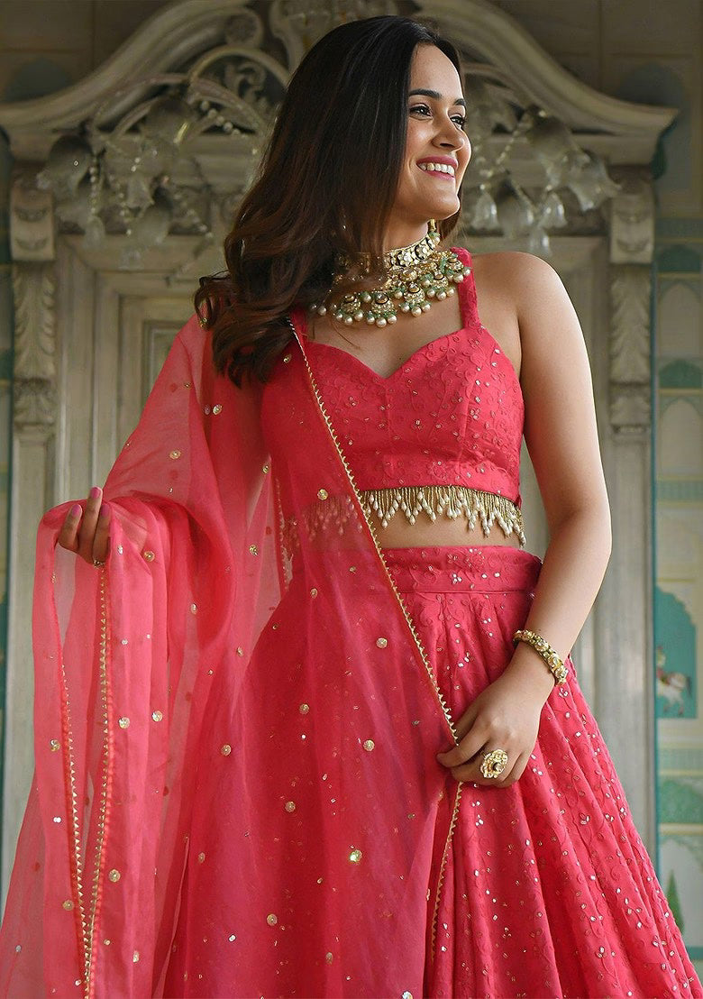 Nayoora Coral Glow Sequin Embroidered Lehenga Set