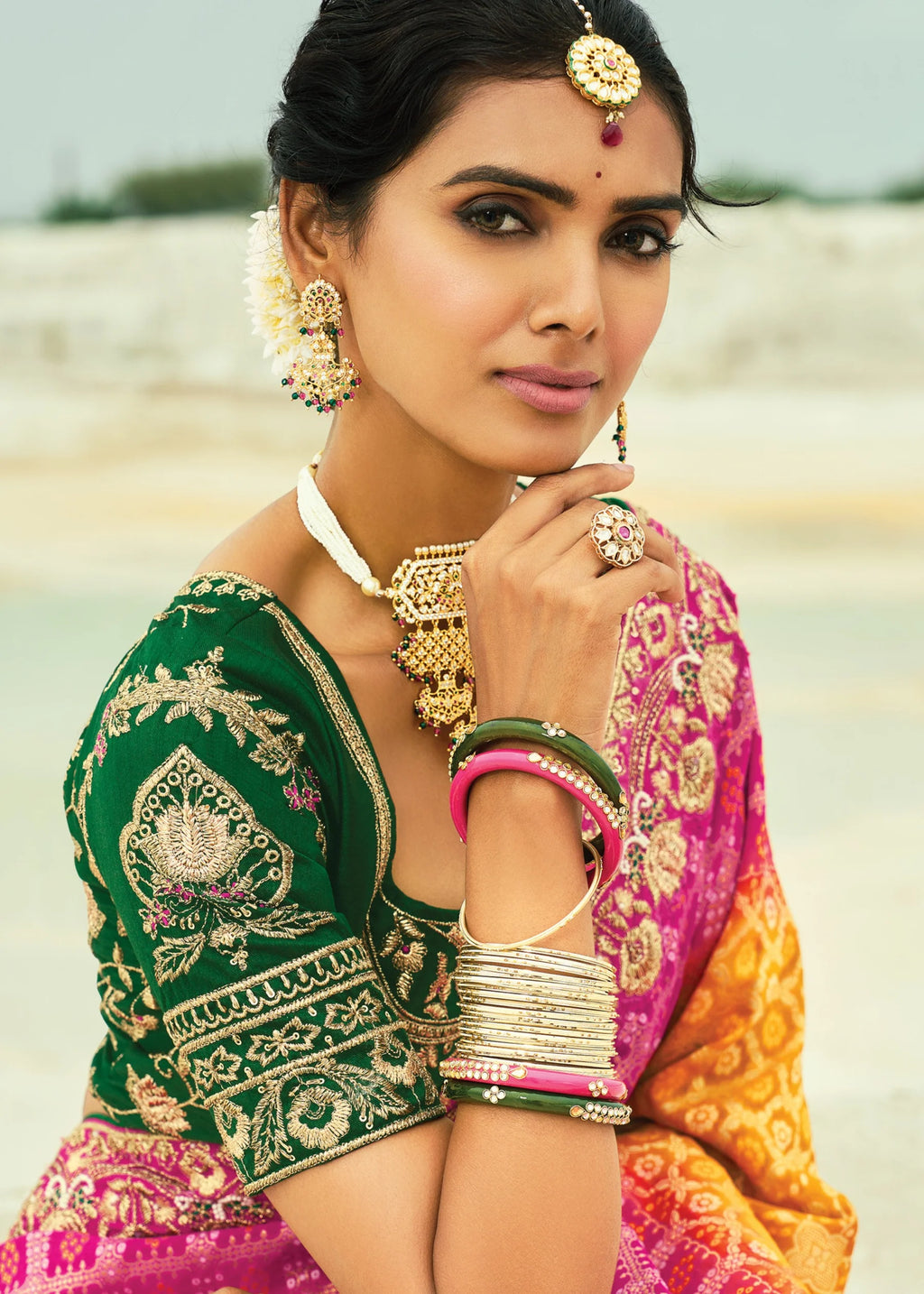 Nayoora Royal Sunset Pink & Mustard Georgette Embroidered Saree