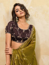 Nayoora Olive Green Metallic Saree With Brown Blouse