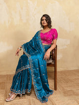Nayoora Teal Blue Embroidered Designer Saree With Pink Blouse
