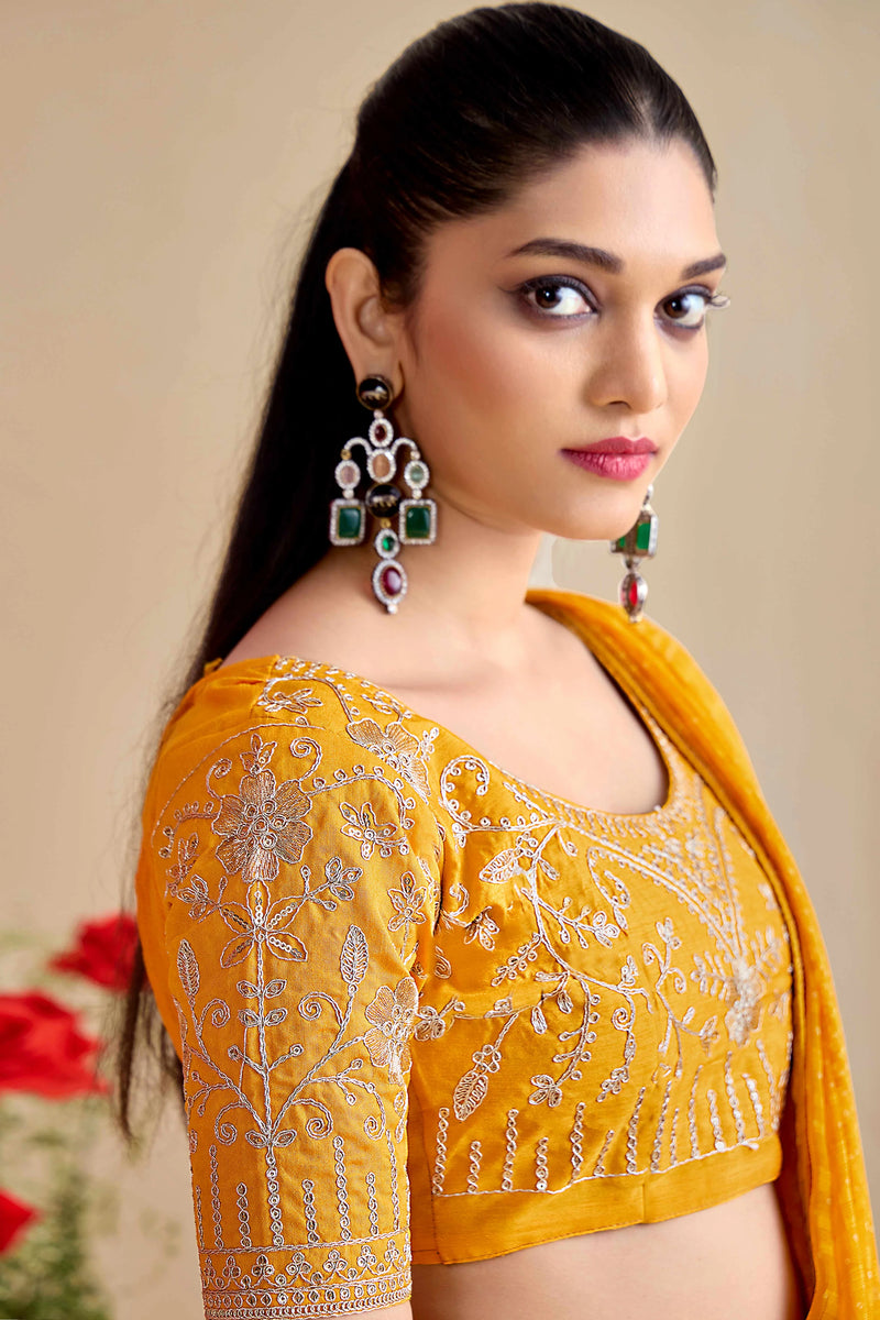 Nayoora Mustard Yellow Georgette Embroidered Designer Saree with Blouse