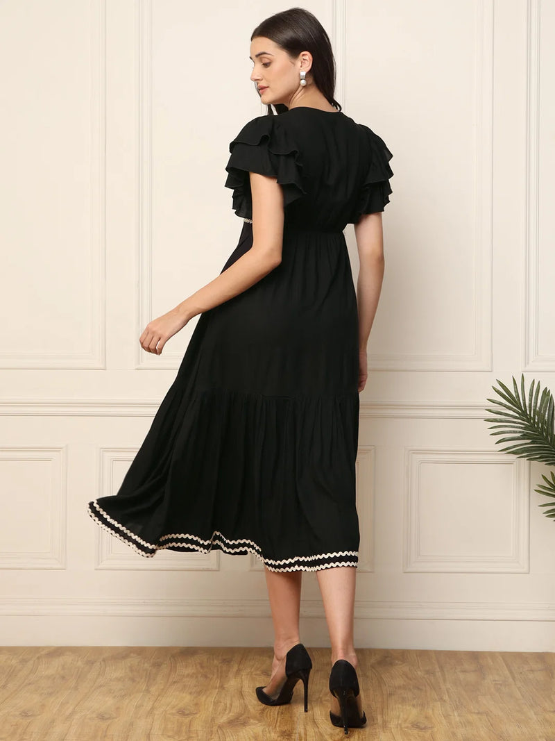 Nayoora Black Solid Ruffle Sleeve Fit & Flare Midi Dress