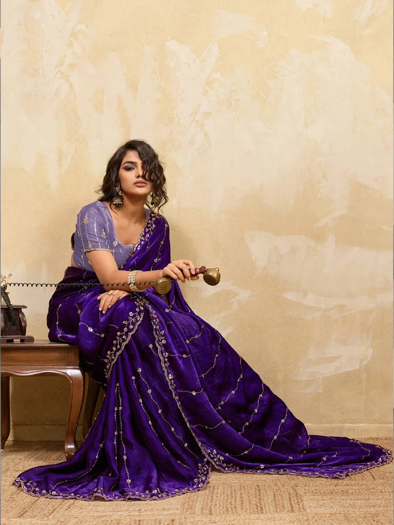 Nayoora Deep Purple Embroidered Designer Saree With Lavender Blouse